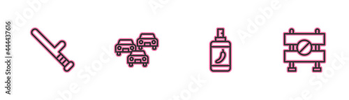 Set line Police rubber baton, Pepper spray, Traffic jam and Road barrier icon. Vector