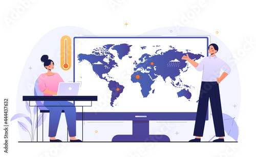 Female character watching weather forecast online on laptop. Sun, clouds, wind, rain on world map. Meteorologist researching weather and climate condition. Flat cartoon vector illustration