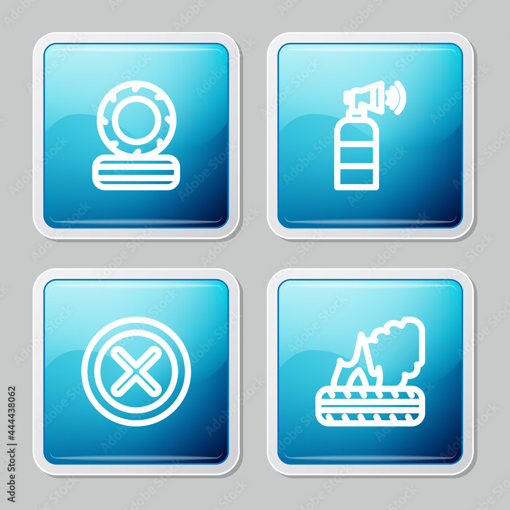 Set line Lying burning tires, Air horn, X Mark, Cross circle and icon. Vector Set line Lying burning tires, Air horn, X Mark, Cross circle and icon. Vector