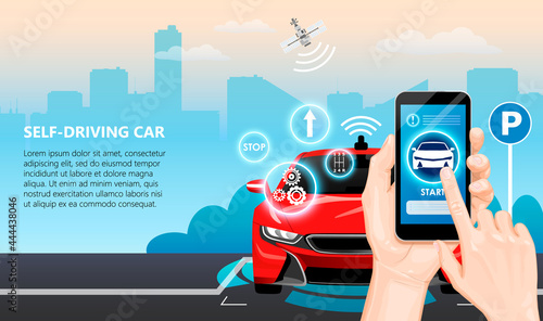 Smart self-driving car in smartphone concept. Autonomous autopilot smart driverless electric car self-driving. Vector illustration