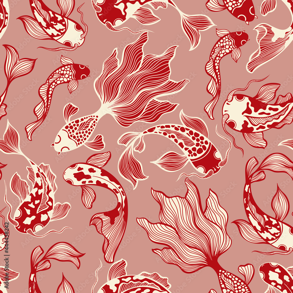 Japanese Koi Fish Vector Seamless Pattern in Red Colors for Fabric