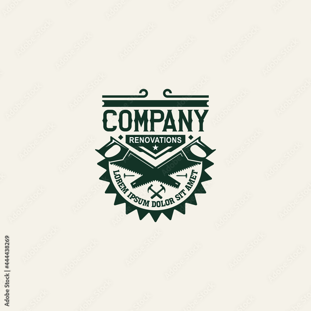 label construction carpentry, hammer, handsaw, repair, veteran, vintage retro for business is a home renovation company.