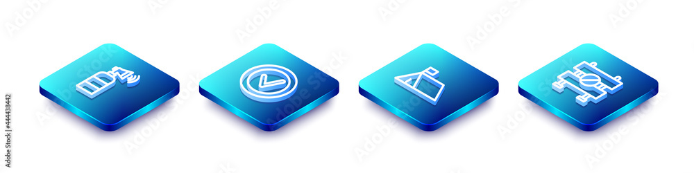 Set Isometric line Air horn, Check mark in round, Protest camp and Road barrier icon. Vector Set Isometric line Air horn, Check mark in round, Protest camp and Road barrier icon. Vector