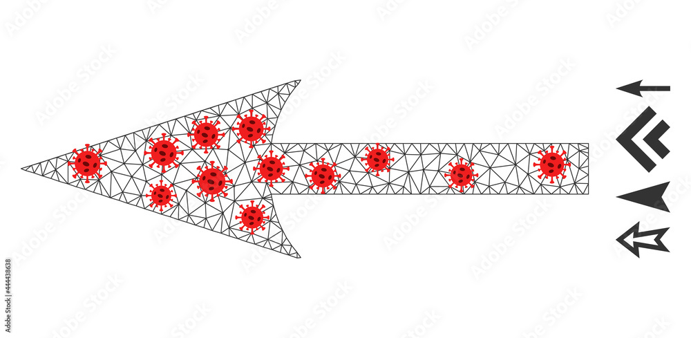 Polygonal sharp arrow left with lockdown style. Polygonal wireframe sharp arrow left image in low poly style with combined linear items and red coronavirus items.