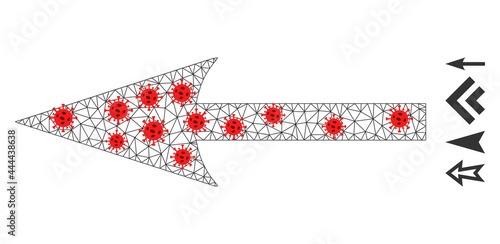 Polygonal sharp arrow left with lockdown style. Polygonal wireframe sharp arrow left image in low poly style with combined linear items and red coronavirus items.