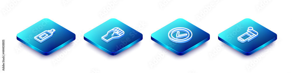 Set Isometric line Paint spray can, Raised hand with clenched fist, Check mark round and Hand grenade icon. Vector Set Isometric line Paint spray can, Raised hand with clenched fist, Check mark round and Hand grenade icon. Vector