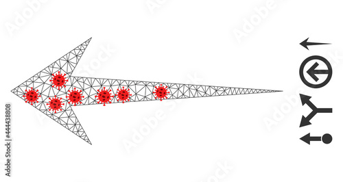 Polygonal arrow left with lockdown style. Mesh carcass arrow left image in low poly style with structured linear items and red covid centers.
