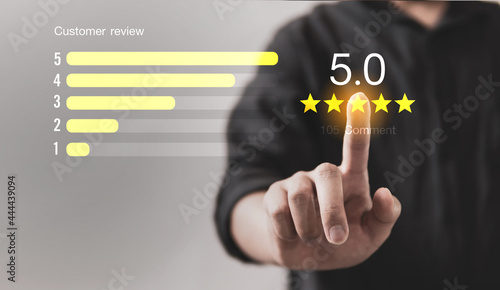 Customer review good rating concept, customer review by five star feedback, positive customer feedback testimonial. photo