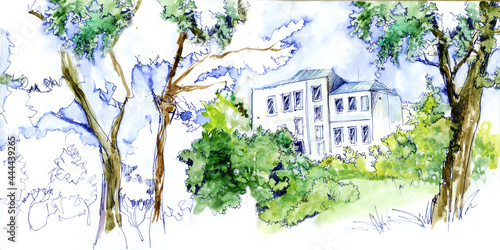 Watercolor sketch of a park and a house on the horizon