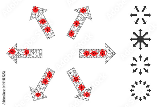 Mesh radial arrows in lockdown style. Polygonal wireframe radial arrows image in low poly style with structured linear items and red infection nodes.