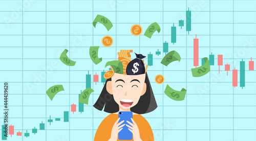 Young woman trading stocks market on smartphone get profits,Candlestick graph buy and sell sign, young girl  investing concepts,internet earning cash study, winning plenty of money, vector