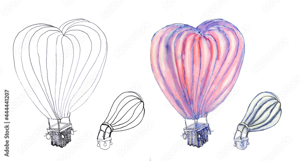 Black and white sketches of balloon and colorful picture of air ballon, hot air balloon festival, valentine's day