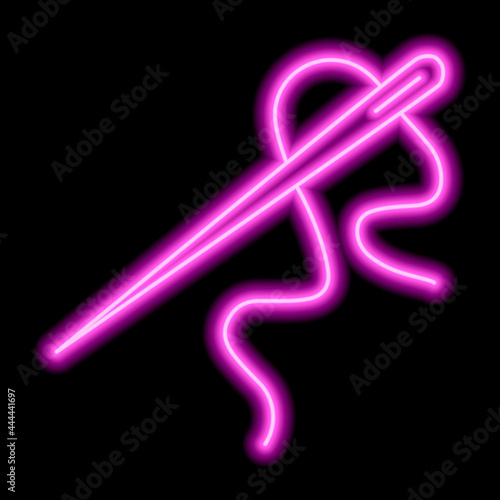 Sewing needle and cotton in pink neon style on a black background