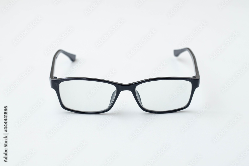 Black frame glasses isolated on  white background. white board