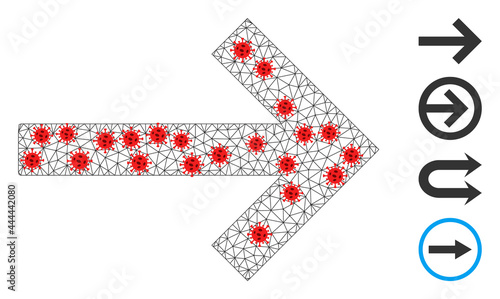 Mesh right arrow in lockdown style. Polygonal wireframe right arrow image in low poly style with structured lines and red coronavirus elements.
