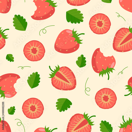 Fototapeta Naklejka Na Ścianę i Meble -  Strawberry seamless pattern with leaves on a beige background. For textiles, home decor, baby clothes, printing, digital paper. Vector illustration.