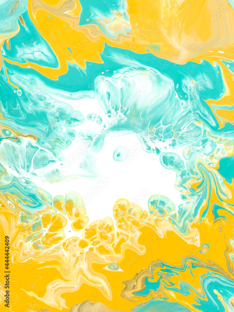 Turquoise and yellow abstract creative  hand painted background, fluid art, marble texture, abstract ocean, acrylic painting on canvas