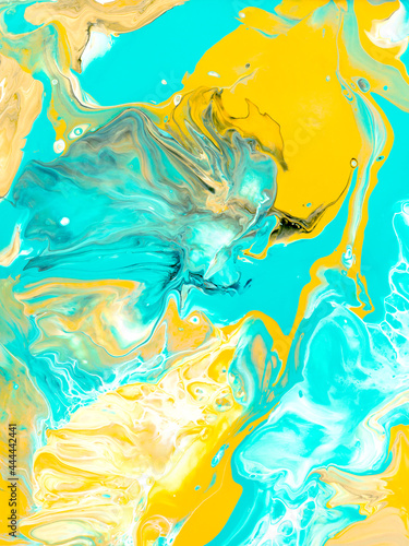 Turquoise and yellow abstract creative hand painted background, fluid art, marble texture, abstract ocean, acrylic painting on canvas