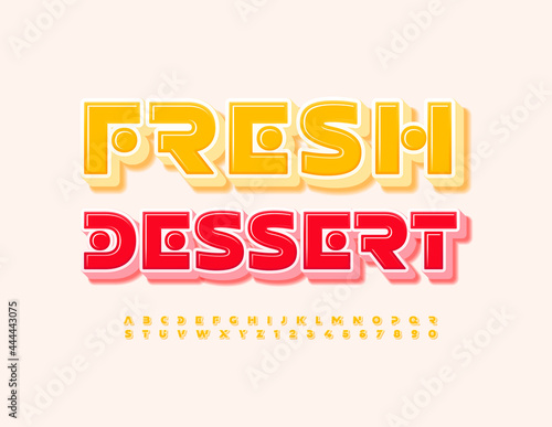 Vector tasty template Fresh Dessert. Creative Yellow Alphabet Letters and Numbers. Modern 3D Font © Popskraft