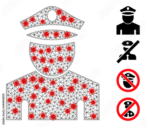 Mesh policeman in lockdown style. Mesh wireframe policeman image in low poly style with structured linear items and red infectious items.