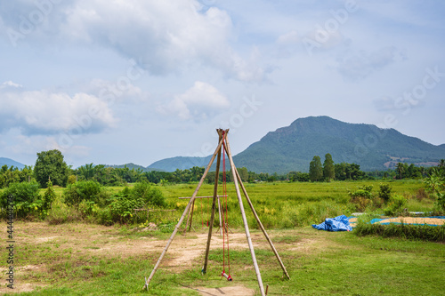 traddition Wooden swing with beautiful mountian at chiang khan district loei thailand.