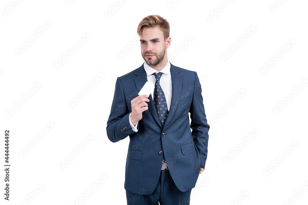 businessman in businesslike suit showing empty credit or debit business card, copy space, business. businessman in businesslike suit showing empty credit or debit business card, copy space, business.
