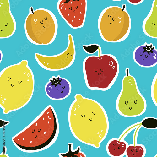vector seamless pattern with cartoon fruits. apricot, cherry, watermelon, pear, berries, strawberry, apple, lemon, banana. food background. print for clothes, textiles, notebooks, packaging paper.
