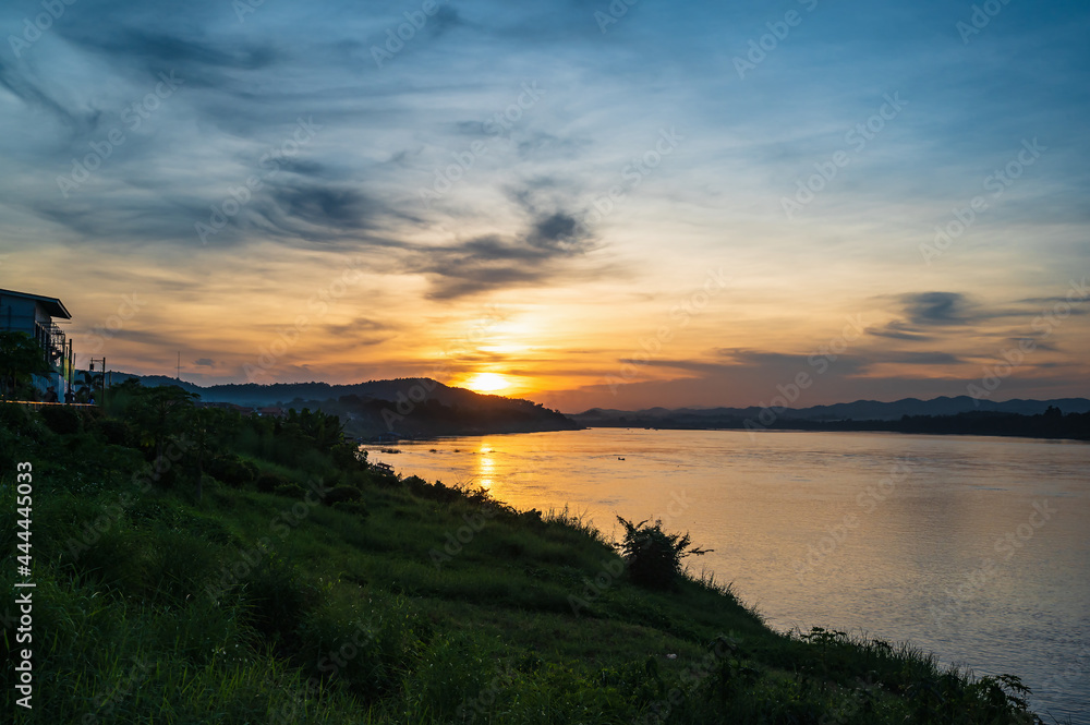 Beautiful Landscape and sutset of Mekhong river between thailand and laos from Chiang Khan District.The Mekong, or Mekong River, is a trans-boundary river in East Asia and Southeast Asia