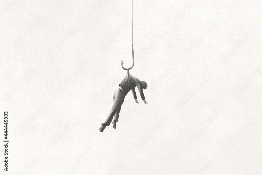 Ταπετσαρία Illustration of human bait hanging on a hook, surreal abstract concept