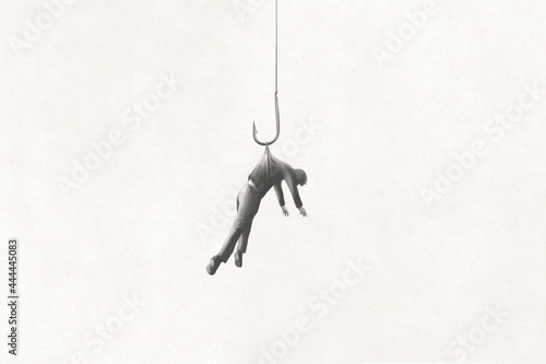 Illustration of human bait hanging on a hook, surreal abstract concept