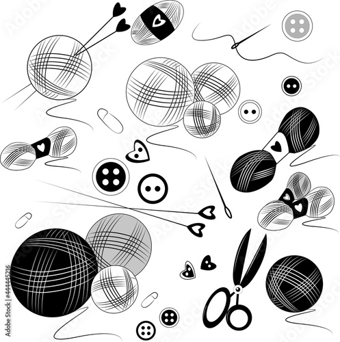 A set of items for sewing and knitting - threads, scissors, buttons, needles, yarn, scissors, buttons in black and white colors photo