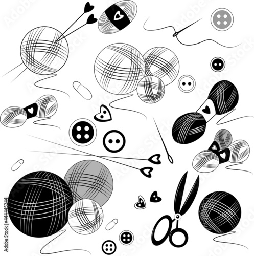 A set of items for sewing and knitting - threads, scissors, buttons, needles, yarn, scissors, buttons in black and white colors photo