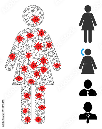 Polygonal woman in lockdown style. Polygonal carcass woman image in low poly style with connected linear items and red coronavirus centers. Vector model is created from woman with infectious items.