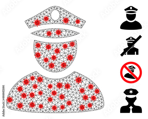 Mesh police man in outbreak style. Mesh wireframe police man image in lowpoly style with structured lines and red covid nodes. Vector model is created from police man with covid nodes.