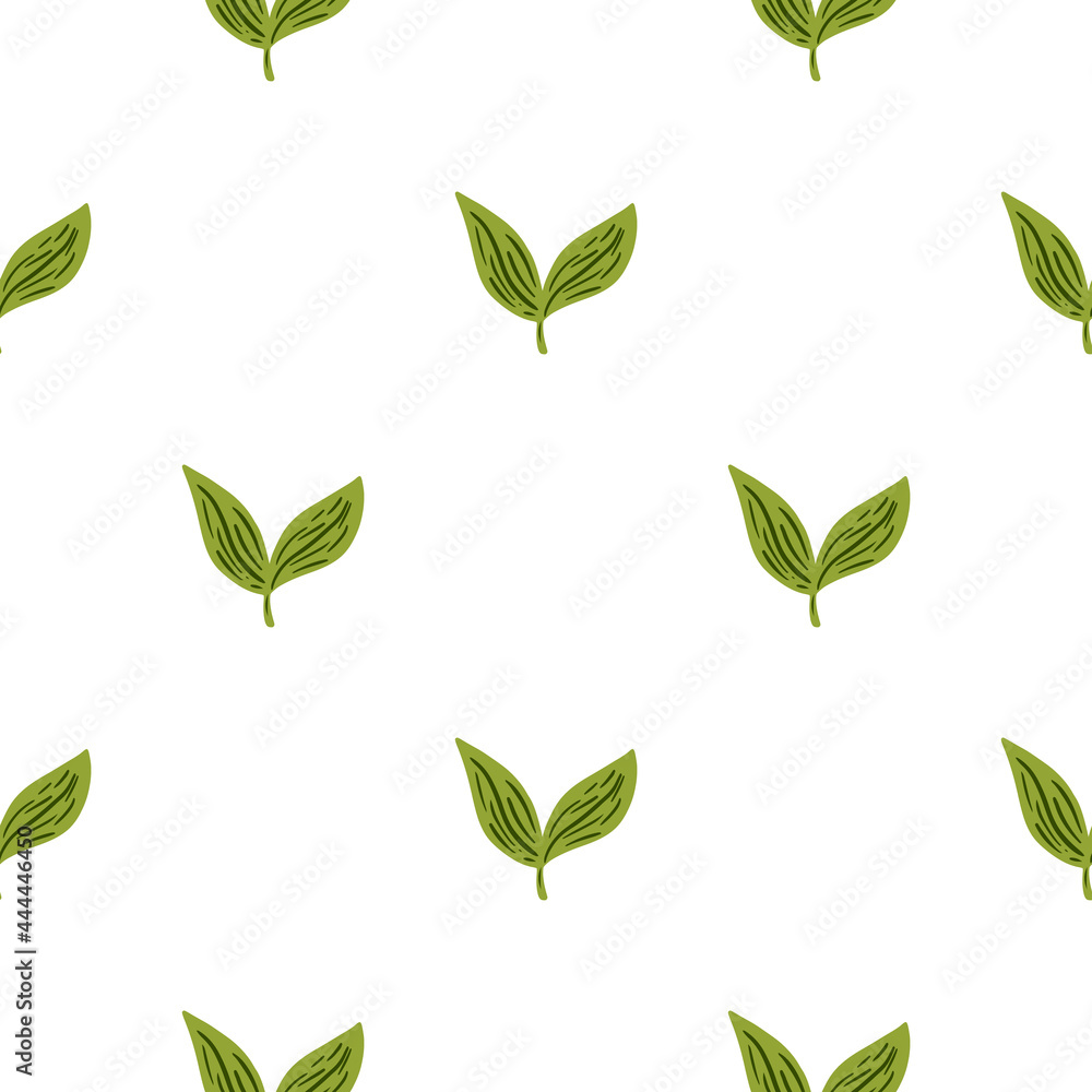 Decorative seamless pattern with isolated little green leaves elements. Foliage minimalistic backdrop.