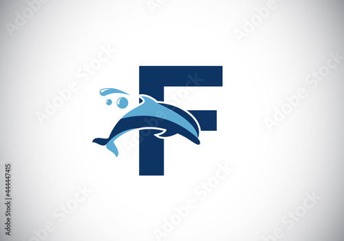 Initial F monogram letter alphabet with a Dolphin logo design. Water Animal icon. Font emblem. Modern vector logotype for business and company identity.