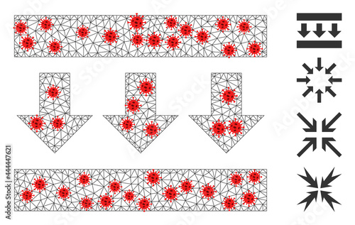 Network pressure down in outbreak style. Polygonal wireframe pressure down image in low poly style with combined linear items and red covid nodes.
