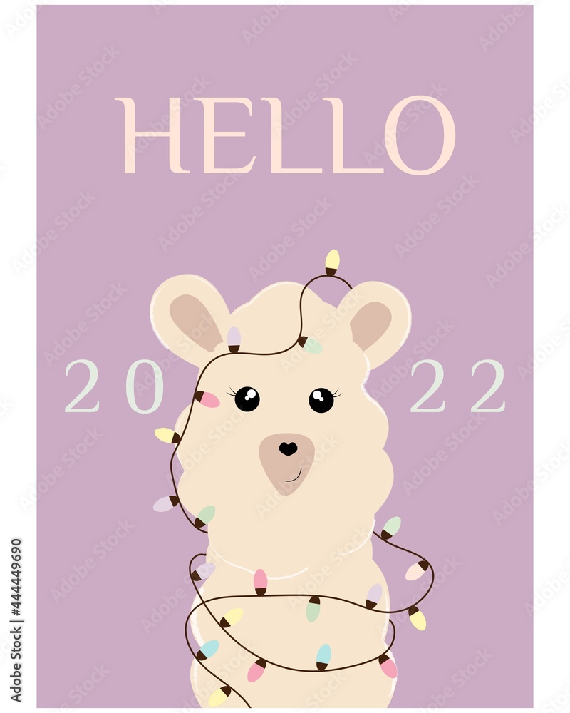 Vector illustration. Greeting card with llama. Hello 2022 with alpaca on background
