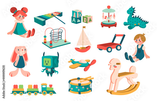 Kid toys. Cartoon cute children dolls and robots for play and education. Baby infant and toddler transport. Musical xylophone and animals collection. Vector isolated playthings set