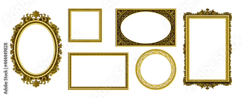 Golden picture frames. Vintage photo border. Antique royal museum decoration with luxury ornament. Isolated frameworks of gold. Premium furniture template. Vector interior elements set