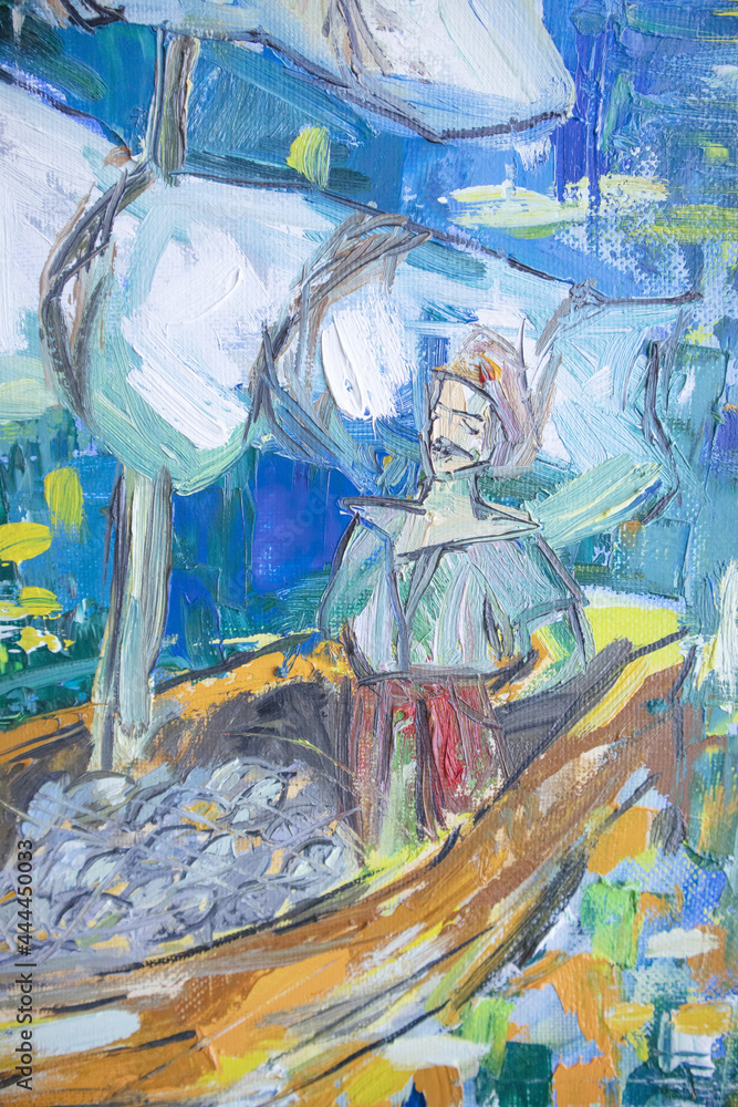 Fototapeta premium Delightful fisherman with full fishing nets. Happy sailor fine art illustration. Traditional picturesque character with moustache. Colorful brush strokes surface. Benefit and gain concept.