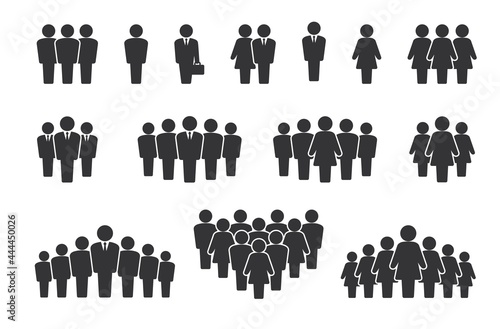 Person group. People silhouette icons. Citizen crowd statistics and team communication concept. Company employee pictograms. Signs of alone standing man or woman. Vector symbols set