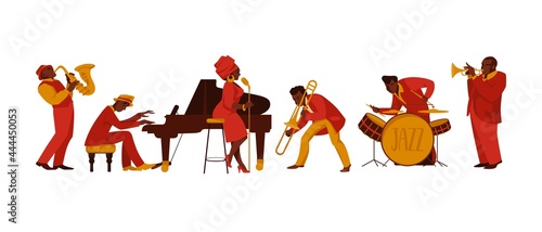 Musicians. Cartoon people with musical instruments playing melody and performing on stage. Happy jazz band players set. Cello and violin African performers. Vector saxophonist or drummer