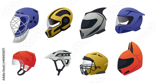 Safety helmet. Race driver and sport head protective equipment. Construction worker and engineer hardhat. Isolated motocross headwear collection. Vector rugby or hockey headgear set