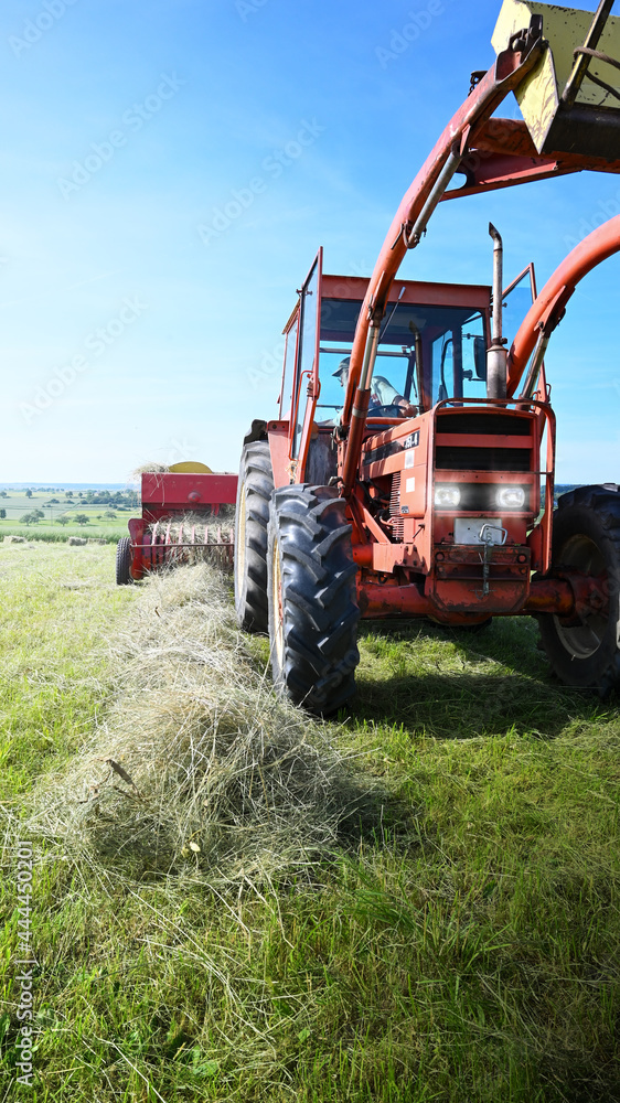Fototapeta premium Old tractor with hay baler pressing summer hay.
