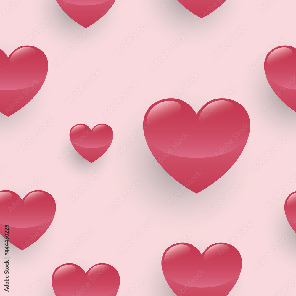 Seamless pattern with gradient pinkish red hearts on a soft pink background. Valentine's day vector illustration. Simple abstract shape.
