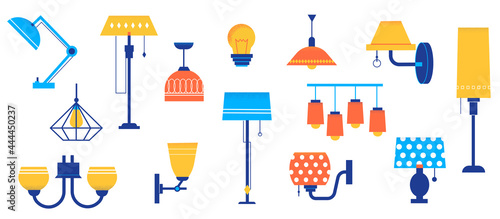 Doodle lamps. Cartoon floor and table lighting equipment. Sconce with bright lampshades. Chandelier and pendant lights. Interior illumination collection. Vector decorative elements set