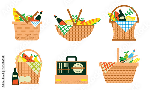 Cartoon picnic baskets. Summer family weekend wicker bags for food or drinks, blankets and sport inventory. hampers with wine bottles and fruits. Cutlery box. Vector containers set