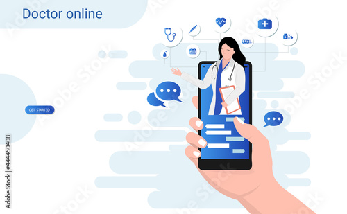 Online consultation doctor on mobile app with female doctor through the phone screen. Online medical clinic, tele medicine, Online healthcare and medical consultation concept. 3D vector
