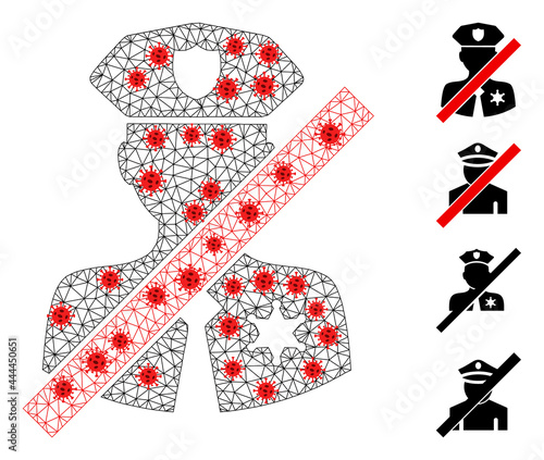 Mesh stop police patrol with lockdown style. Mesh wireframe stop police patrol image in low poly style with connected lines and red infectious items.